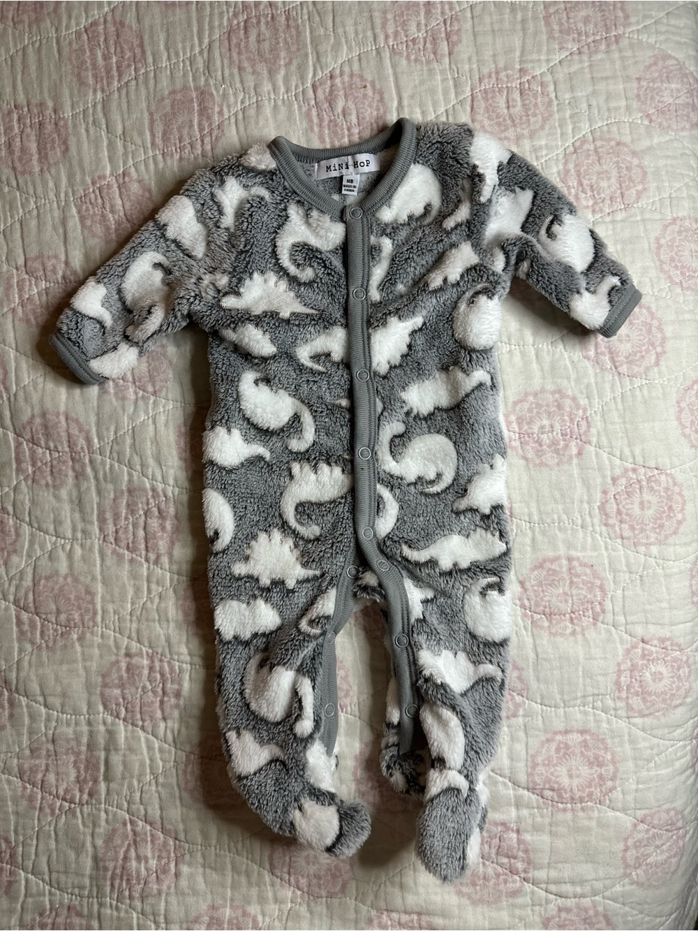 Mini Hop | Grey & White Dinosaur Plush Baby Footsie Onsie | Size Newborn